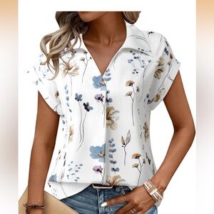 Gaharu Floral Print V-Neck Short Lapel Sleeve Blouse Size XL